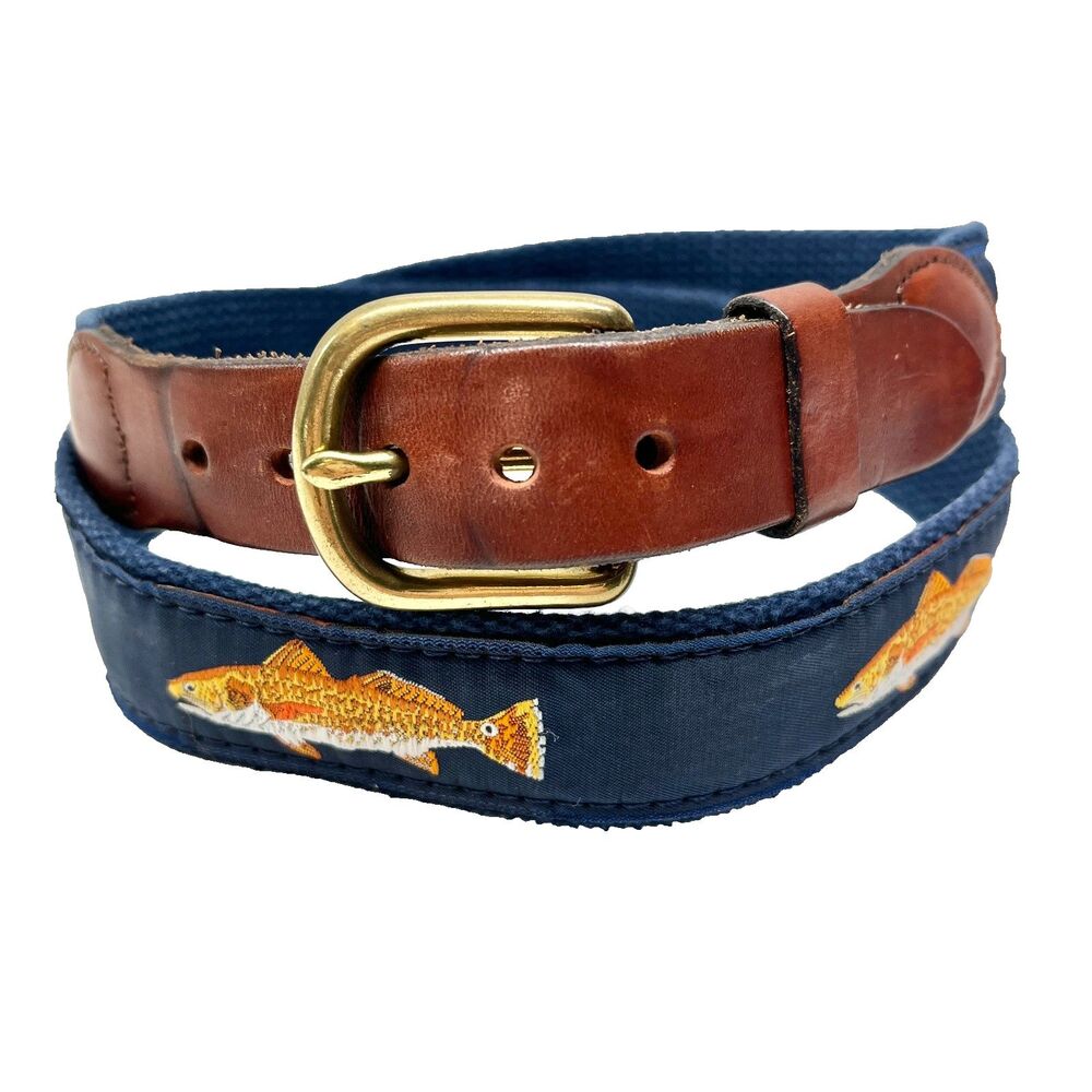 Vtg Leather Man Ltd Mens Trout Redfish Blue Ribbon Brown Leather Belt Size 36 M